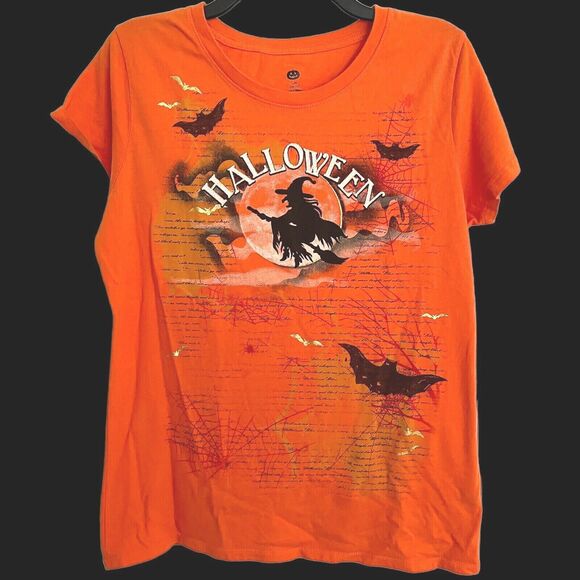 Witch Flying Over The Moon Halloween T-Shirt Sz L Womens Fun Fitted Tee Top - Picture 1 of 6